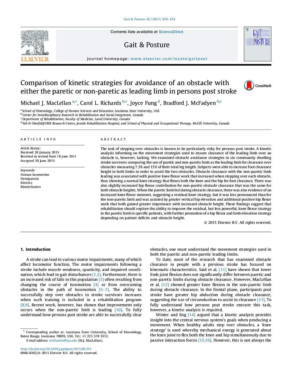 Comparison of kinetic strategies for avoidance of an obstacle with either the paretic or non-paretic as leading limb in persons post stroke