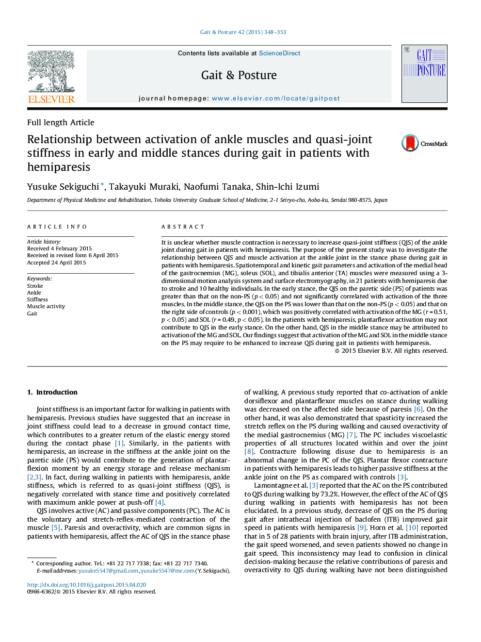 Relationship between activation of ankle muscles and quasi-joint stiffness in early and middle stances during gait in patients with hemiparesis