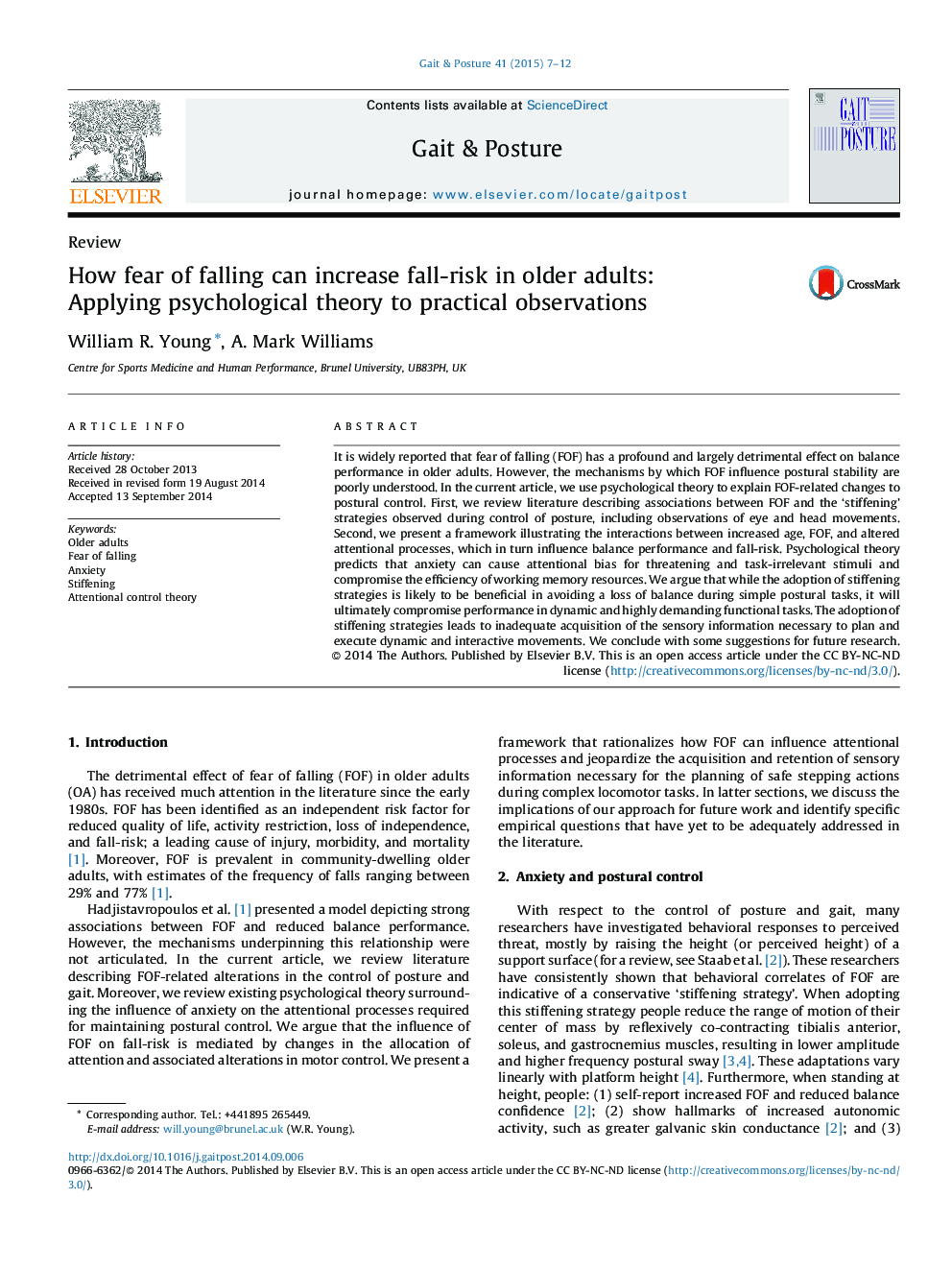 How fear of falling can increase fall-risk in older adults: Applying psychological theory to practical observations