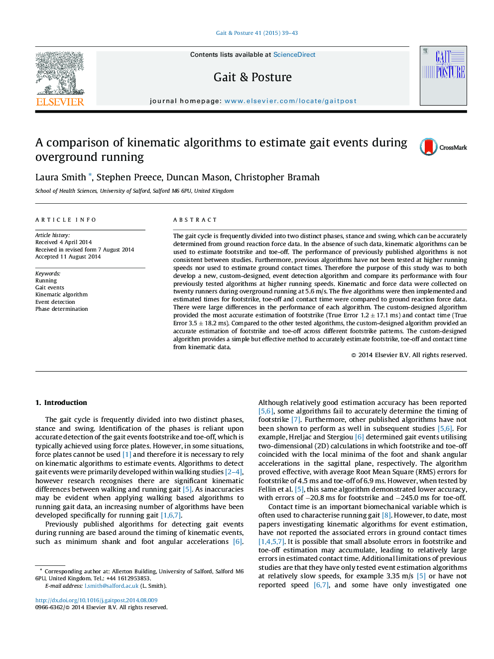 A comparison of kinematic algorithms to estimate gait events during overground running