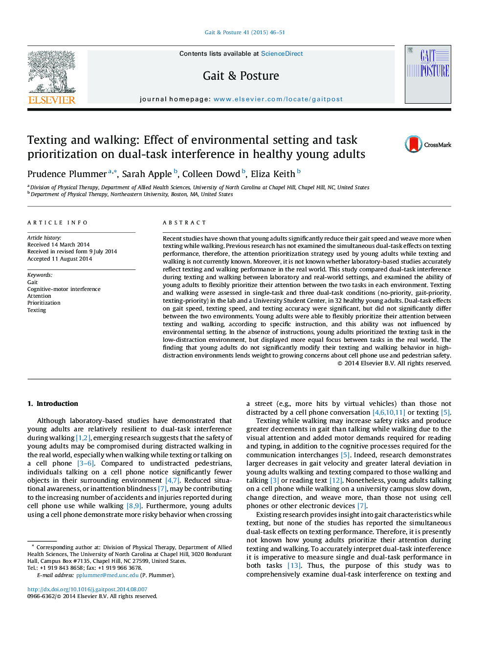 Texting and walking: Effect of environmental setting and task prioritization on dual-task interference in healthy young adults