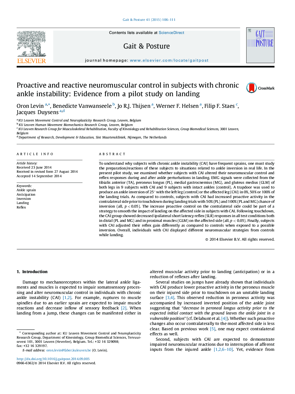 Proactive and reactive neuromuscular control in subjects with chronic ankle instability: Evidence from a pilot study on landing