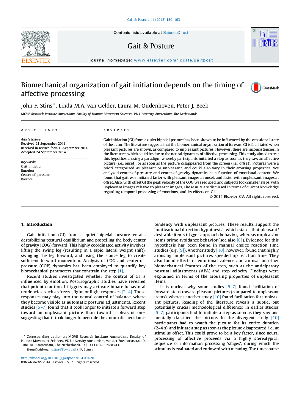 Biomechanical organization of gait initiation depends on the timing of affective processing