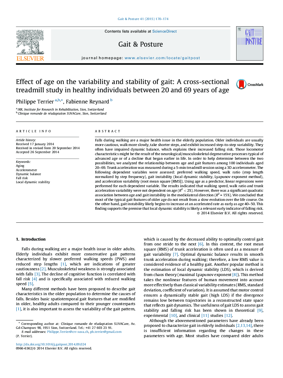 Effect of age on the variability and stability of gait: A cross-sectional treadmill study in healthy individuals between 20 and 69 years of age