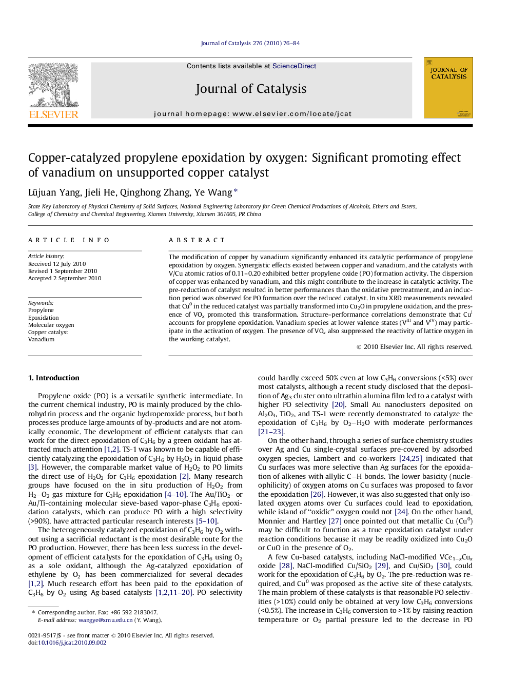 عکس صفحه اول مقاله: Copper-catalyzed propylene epoxidation by oxygen: Significant promoting effect of vanadium on unsupported copper catalyst Copper-catalyzed propylene epoxidation by oxygen: Significant promoting effect of vanadium on unsupported copper catalyst
