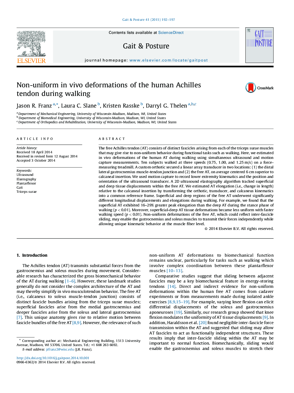 Non-uniform in vivo deformations of the human Achilles tendon during walking