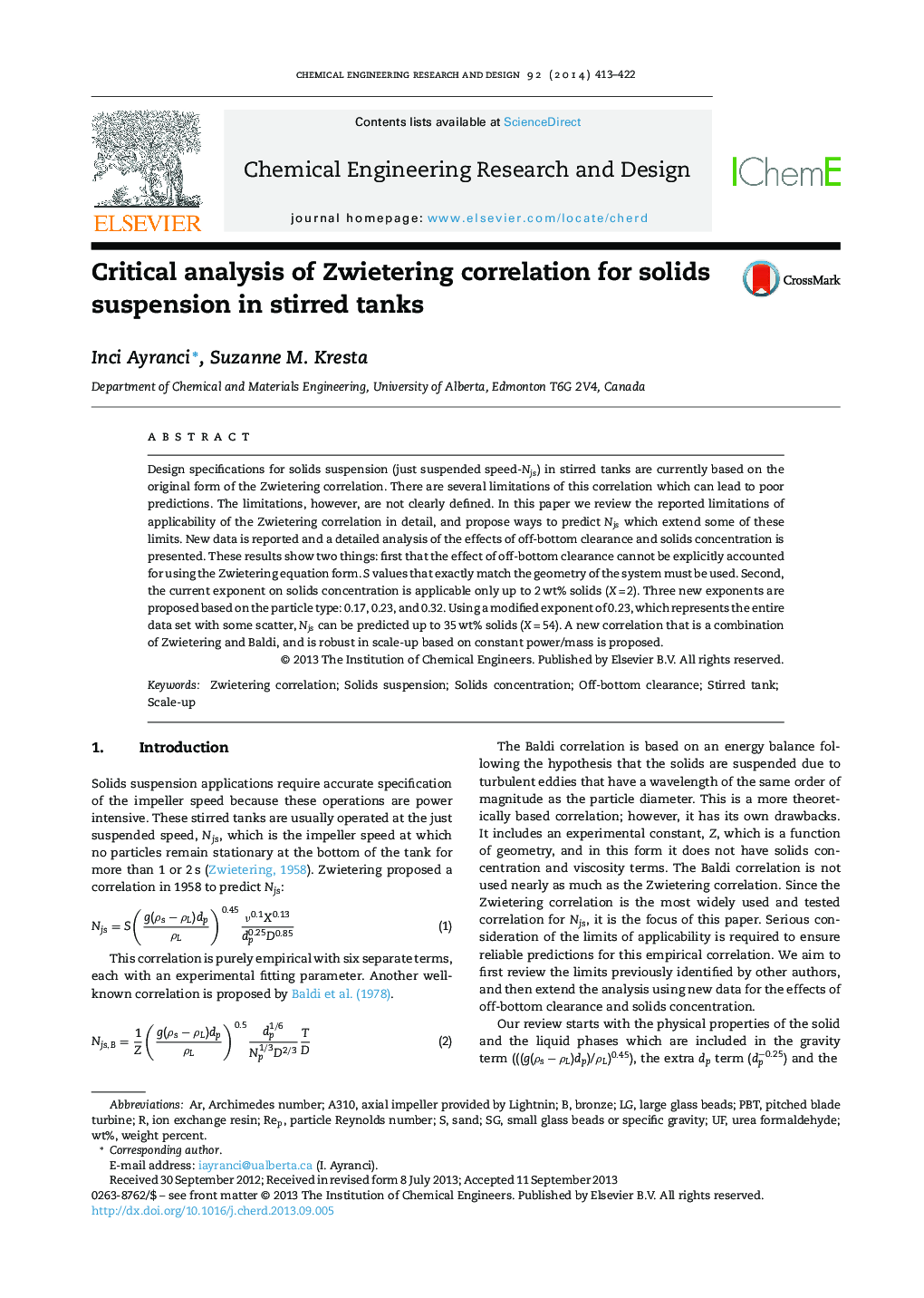 Critical analysis of Zwietering correlation for solids suspension in stirred tanks