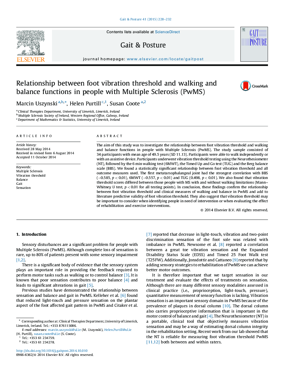 Relationship between foot vibration threshold and walking and balance functions in people with Multiple Sclerosis (PwMS)