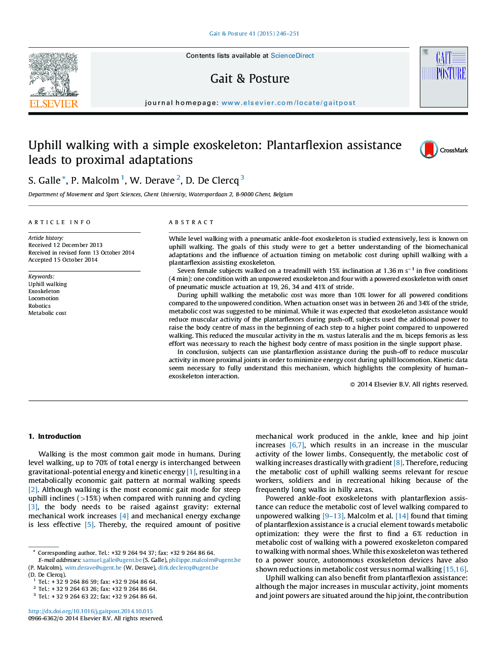 Uphill walking with a simple exoskeleton: Plantarflexion assistance leads to proximal adaptations