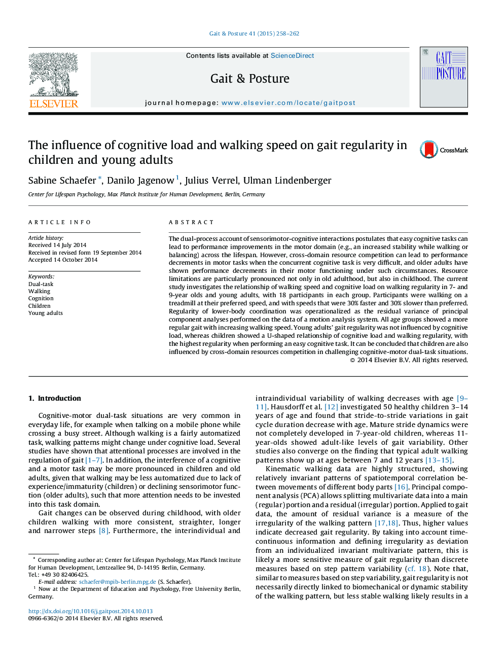 The influence of cognitive load and walking speed on gait regularity in children and young adults