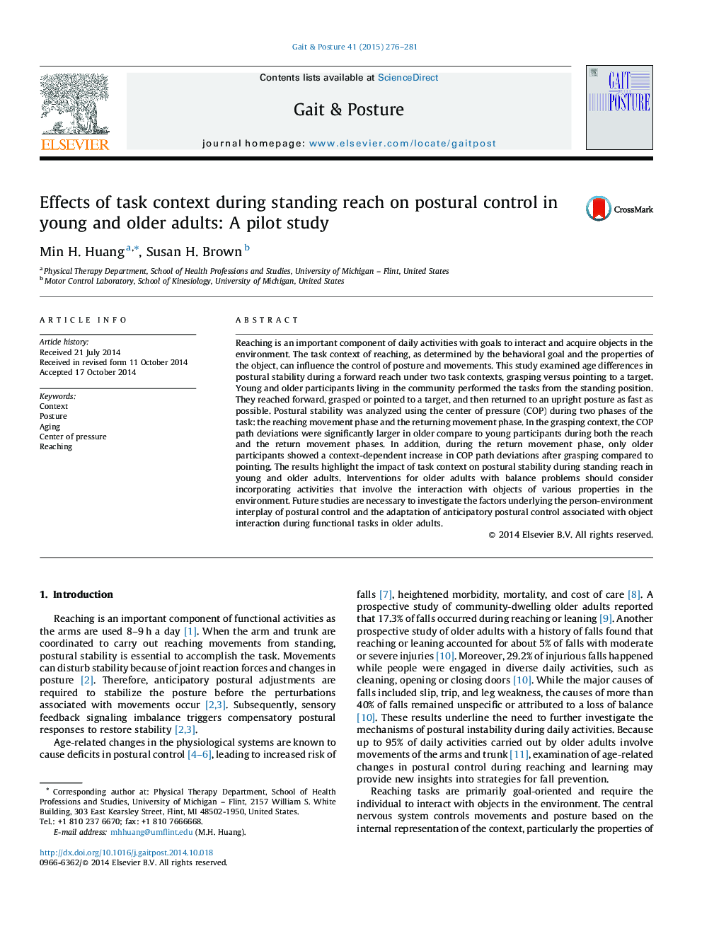 Effects of task context during standing reach on postural control in young and older adults: A pilot study