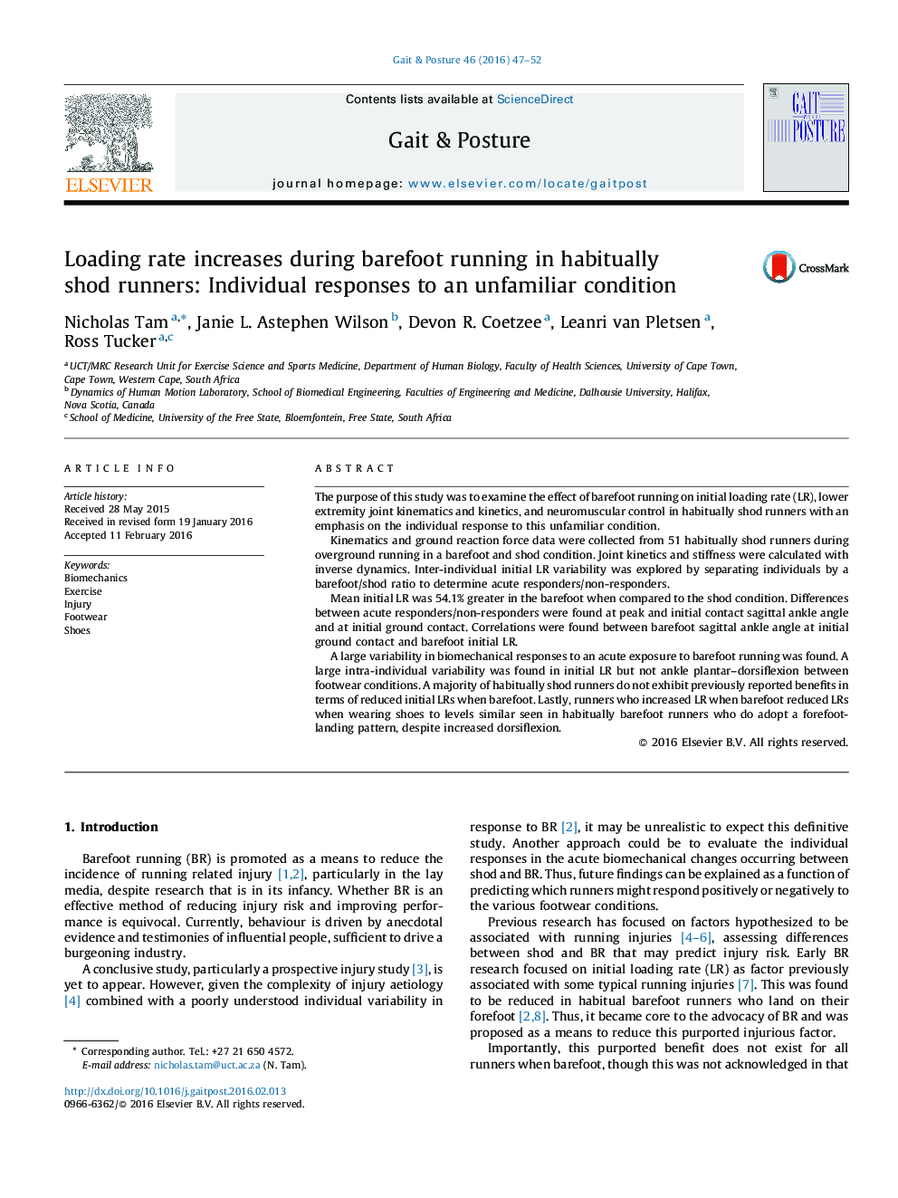 Loading rate increases during barefoot running in habitually shod runners: Individual responses to an unfamiliar condition