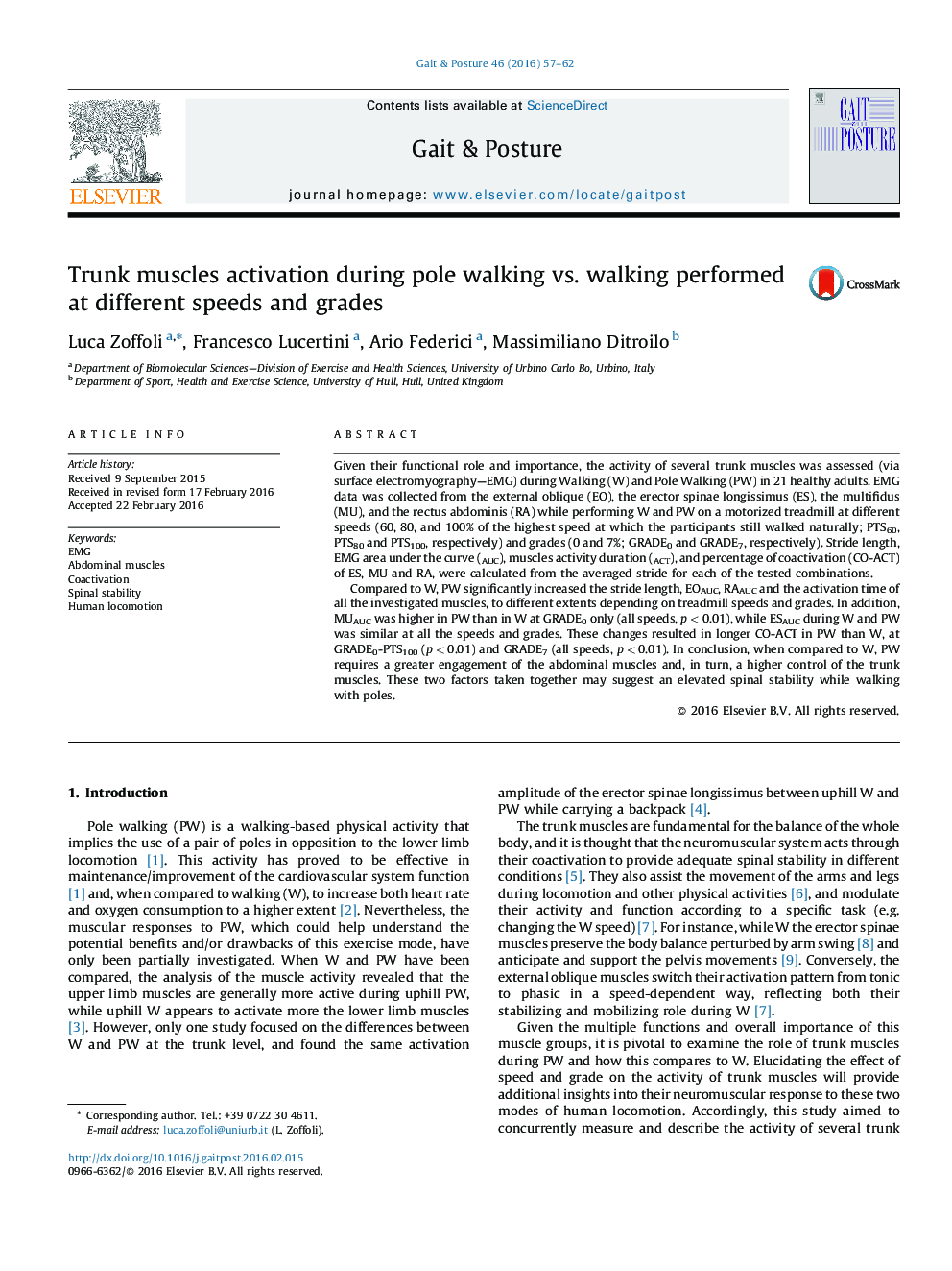 Trunk muscles activation during pole walking vs. walking performed at different speeds and grades