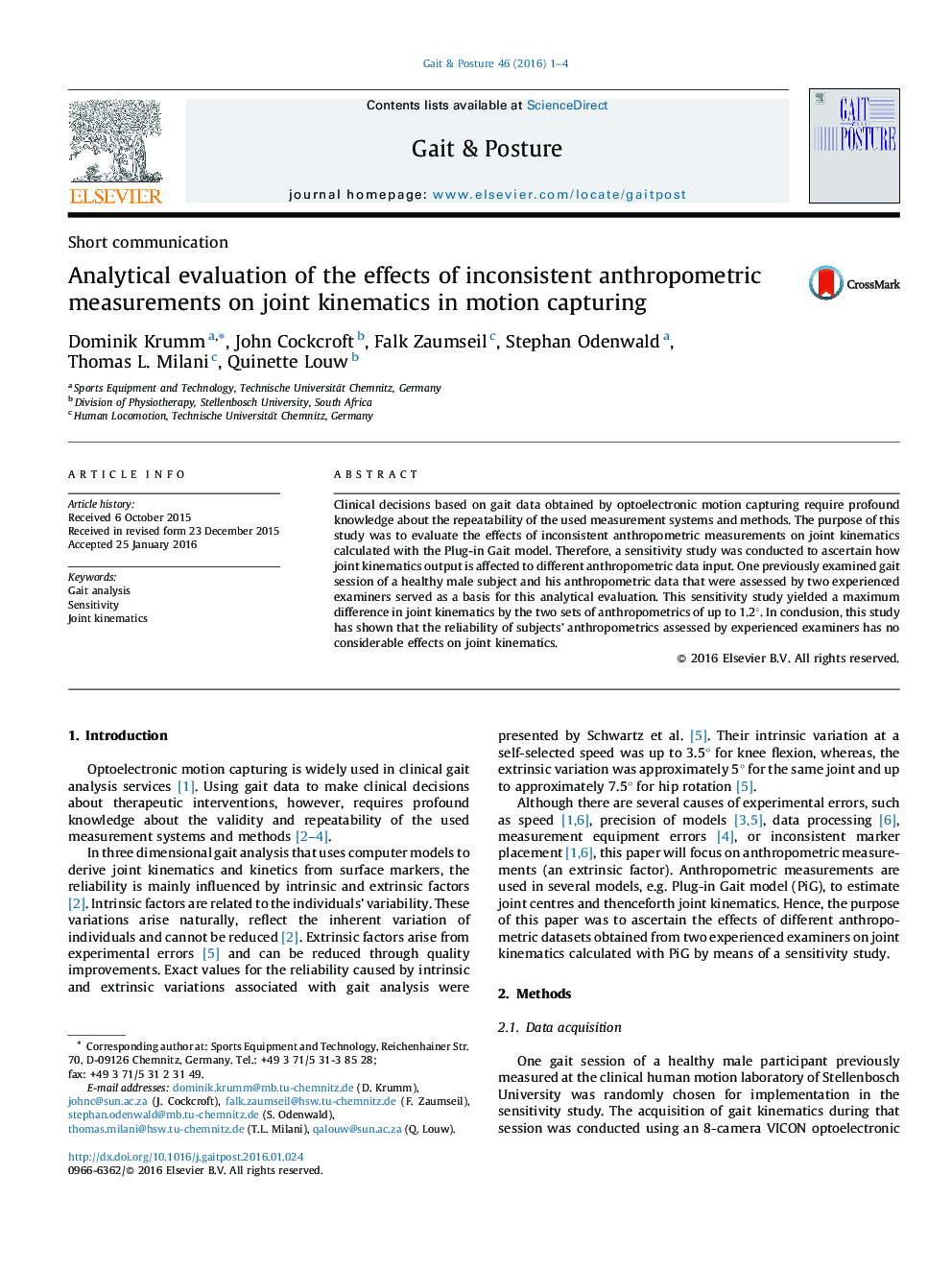 Analytical evaluation of the effects of inconsistent anthropometric measurements on joint kinematics in motion capturing