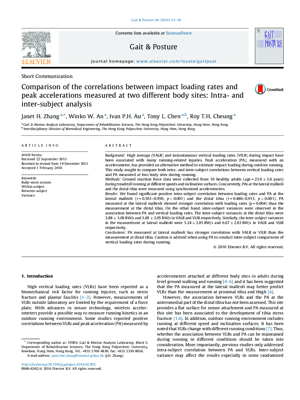 Comparison of the correlations between impact loading rates and peak accelerations measured at two different body sites: Intra- and inter-subject analysis