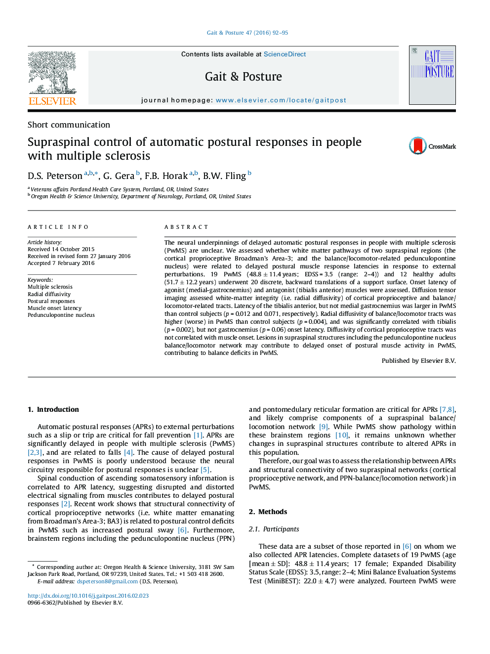 Supraspinal control of automatic postural responses in people with multiple sclerosis