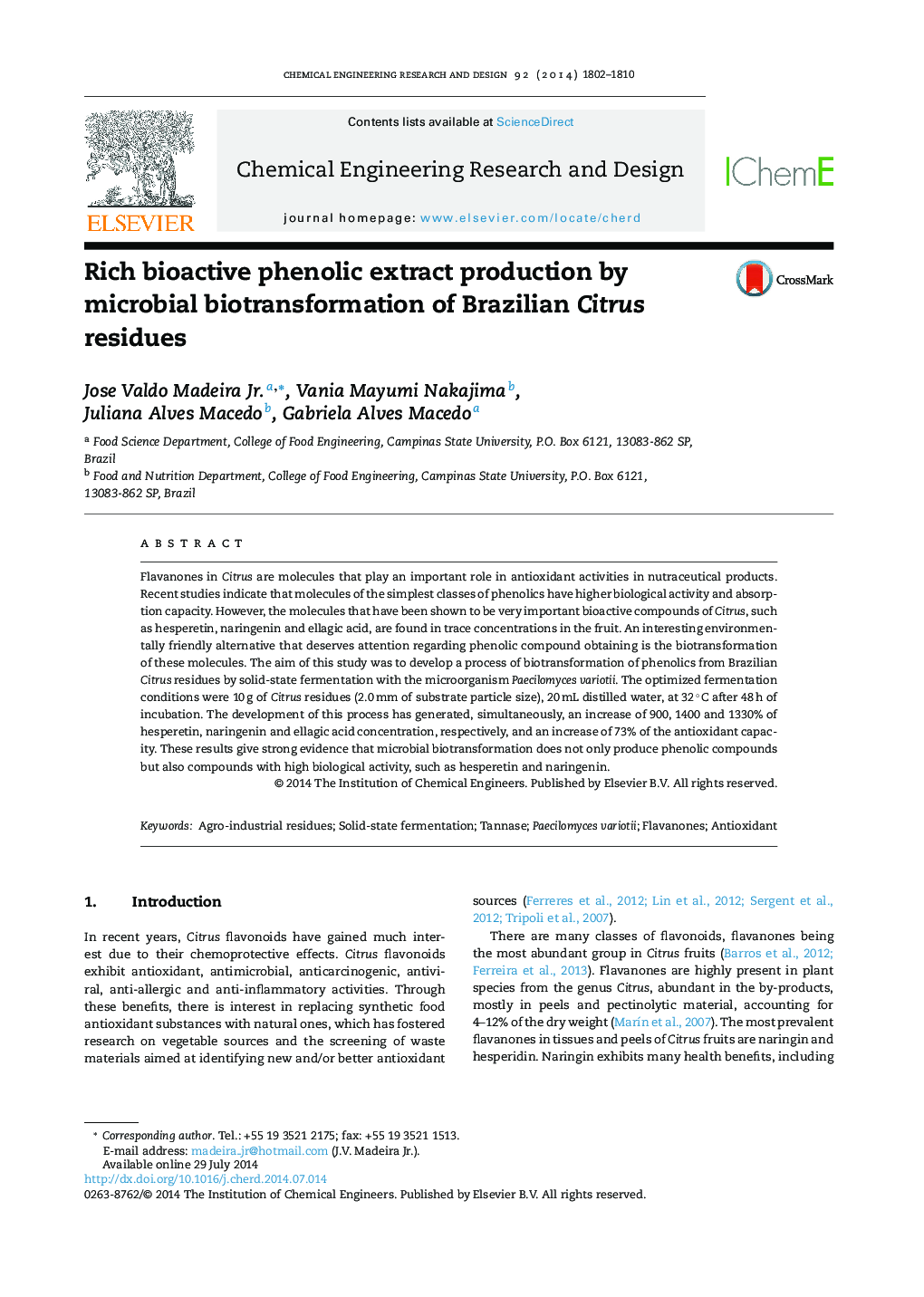 Rich bioactive phenolic extract production by microbial biotransformation of Brazilian Citrus residues