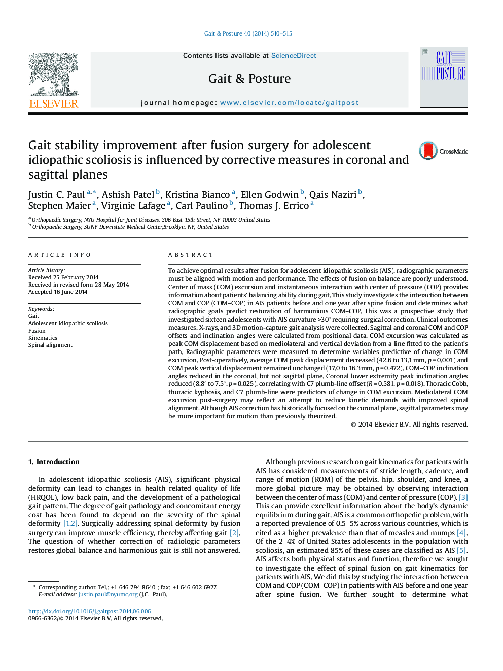 Gait stability improvement after fusion surgery for adolescent idiopathic scoliosis is influenced by corrective measures in coronal and sagittal planes