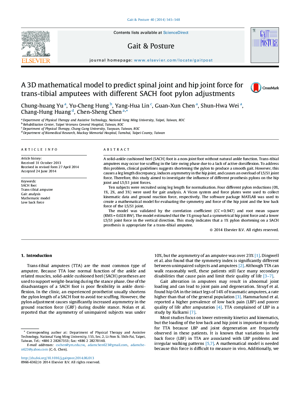 A 3D mathematical model to predict spinal joint and hip joint force for trans-tibial amputees with different SACH foot pylon adjustments