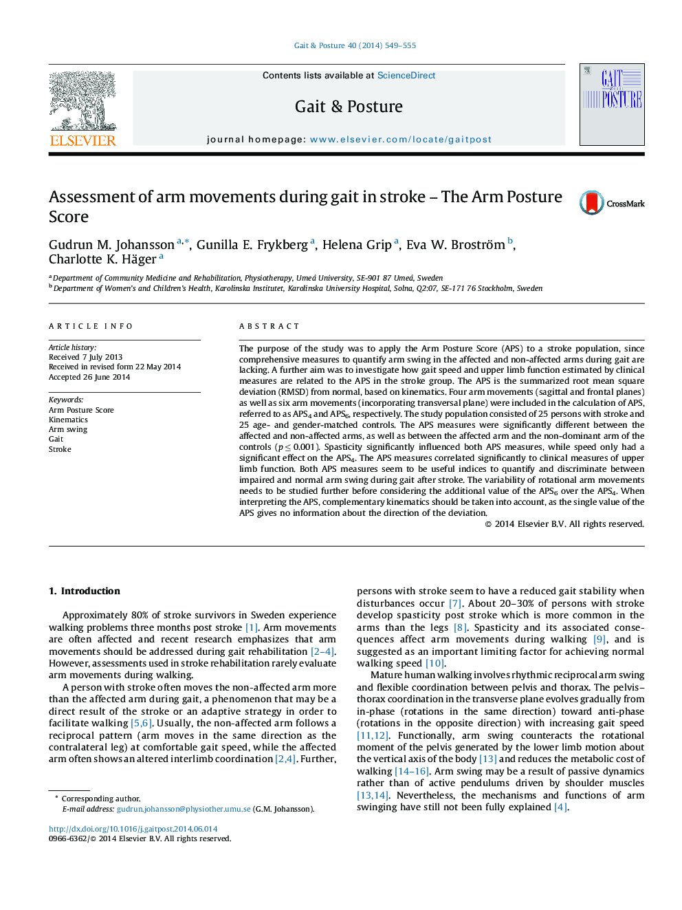 Assessment of arm movements during gait in stroke - The Arm Posture Score