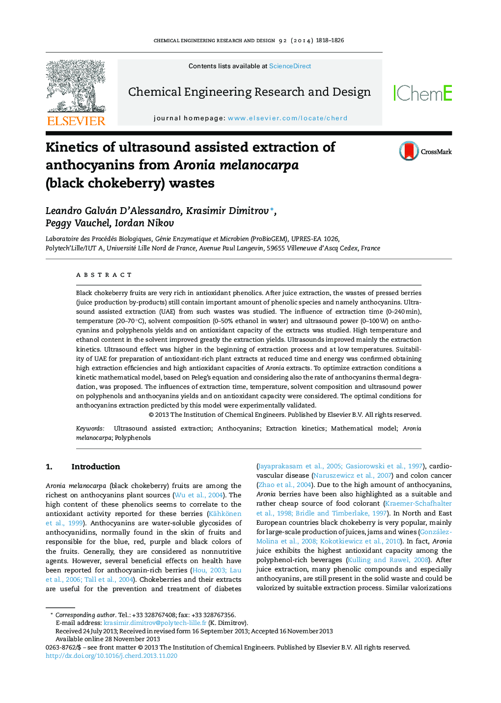 Kinetics of ultrasound assisted extraction of anthocyanins from Aronia melanocarpa (black chokeberry) wastes