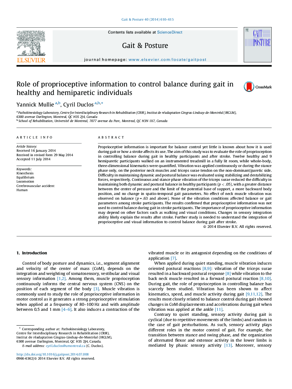 Role of proprioceptive information to control balance during gait in healthy and hemiparetic individuals