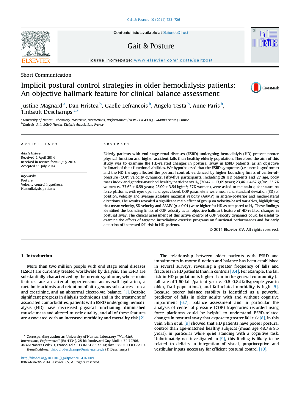 Implicit postural control strategies in older hemodialysis patients: An objective hallmark feature for clinical balance assessment