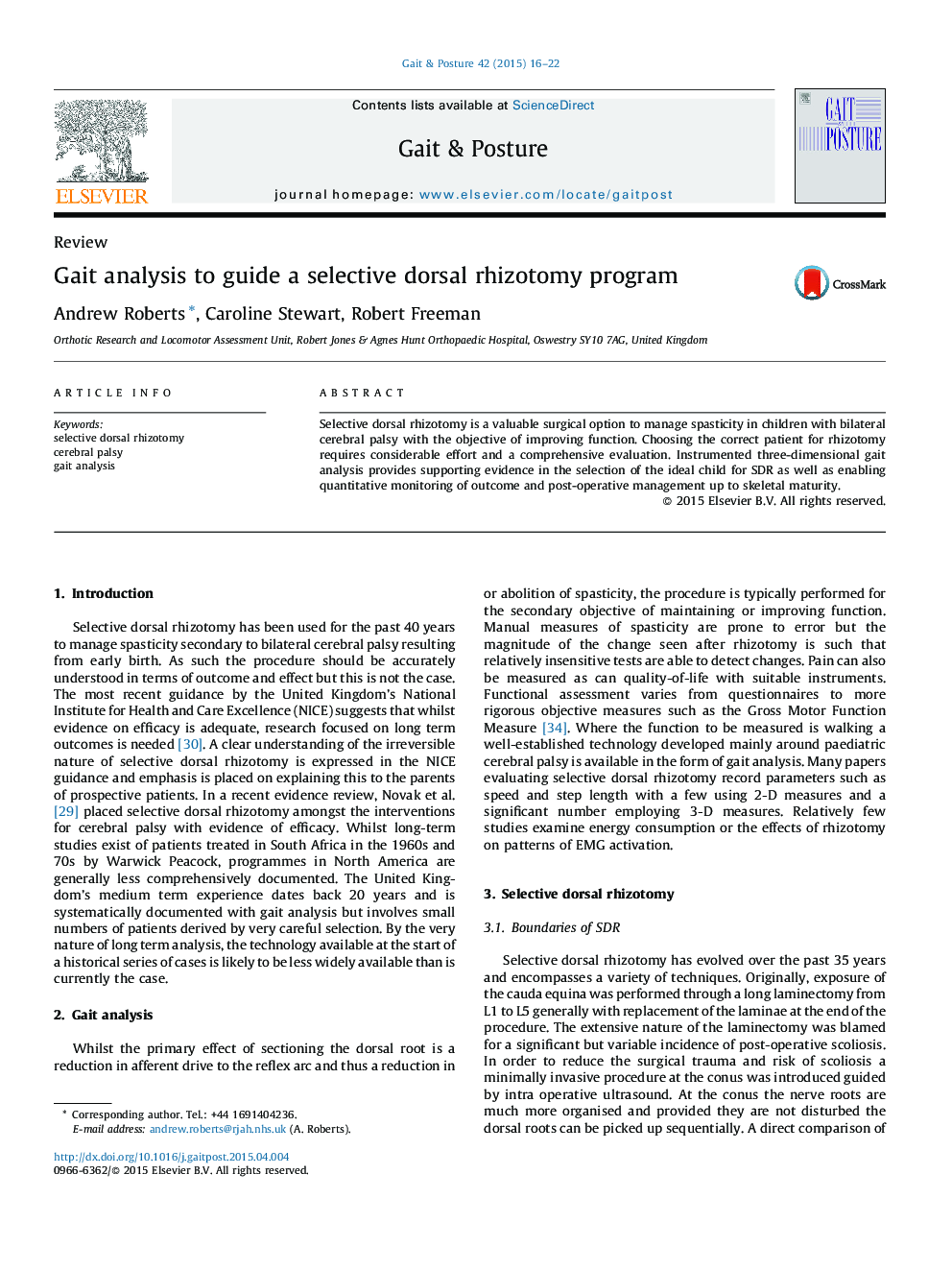 Gait analysis to guide a selective dorsal rhizotomy program