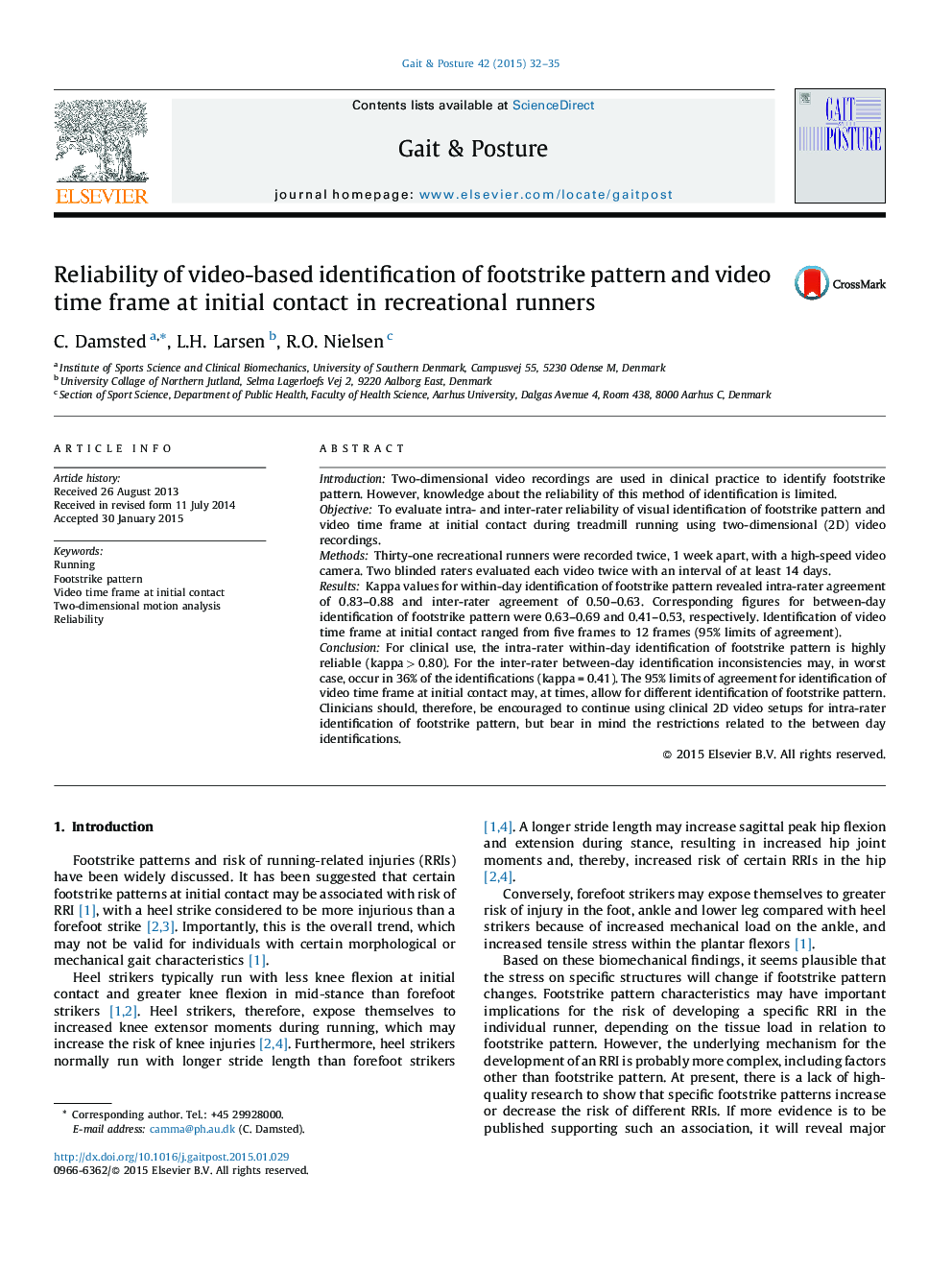 Reliability of video-based identification of footstrike pattern and video time frame at initial contact in recreational runners