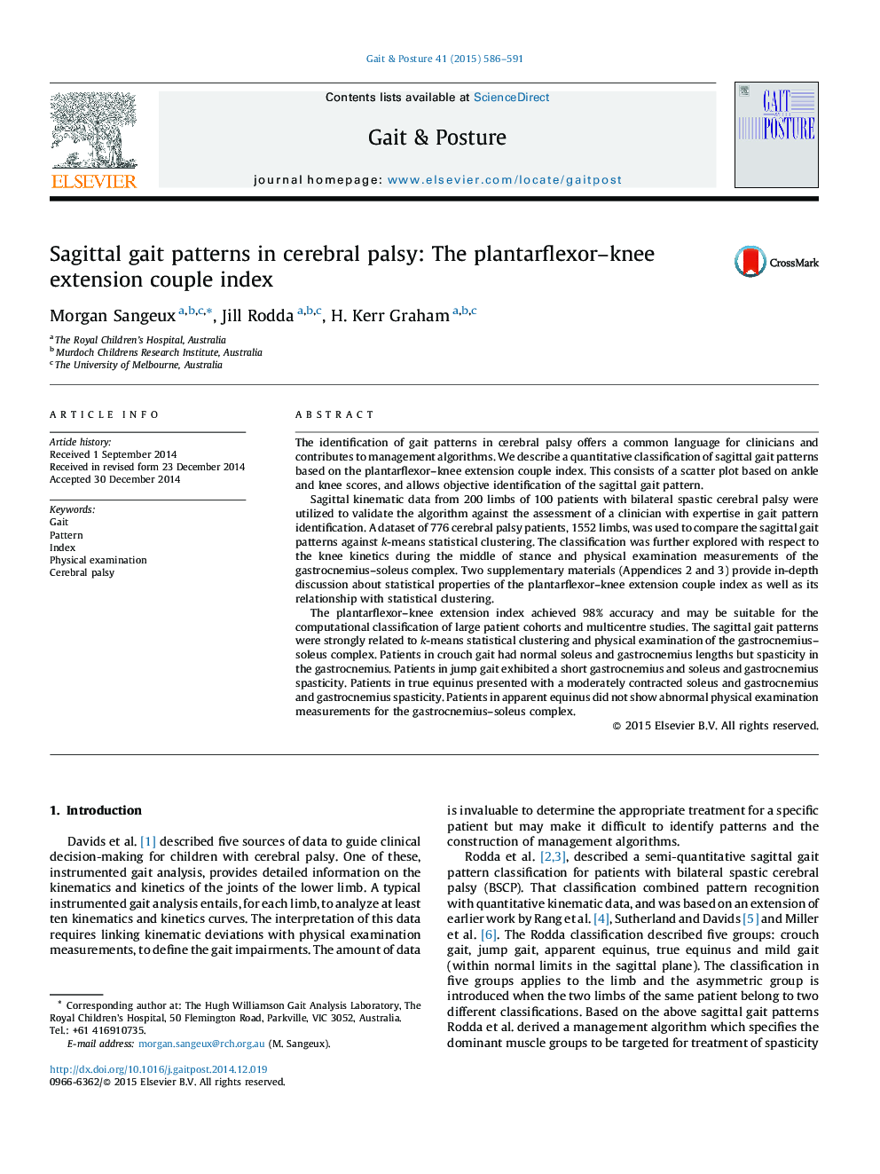 Sagittal gait patterns in cerebral palsy: The plantarflexor-knee extension couple index