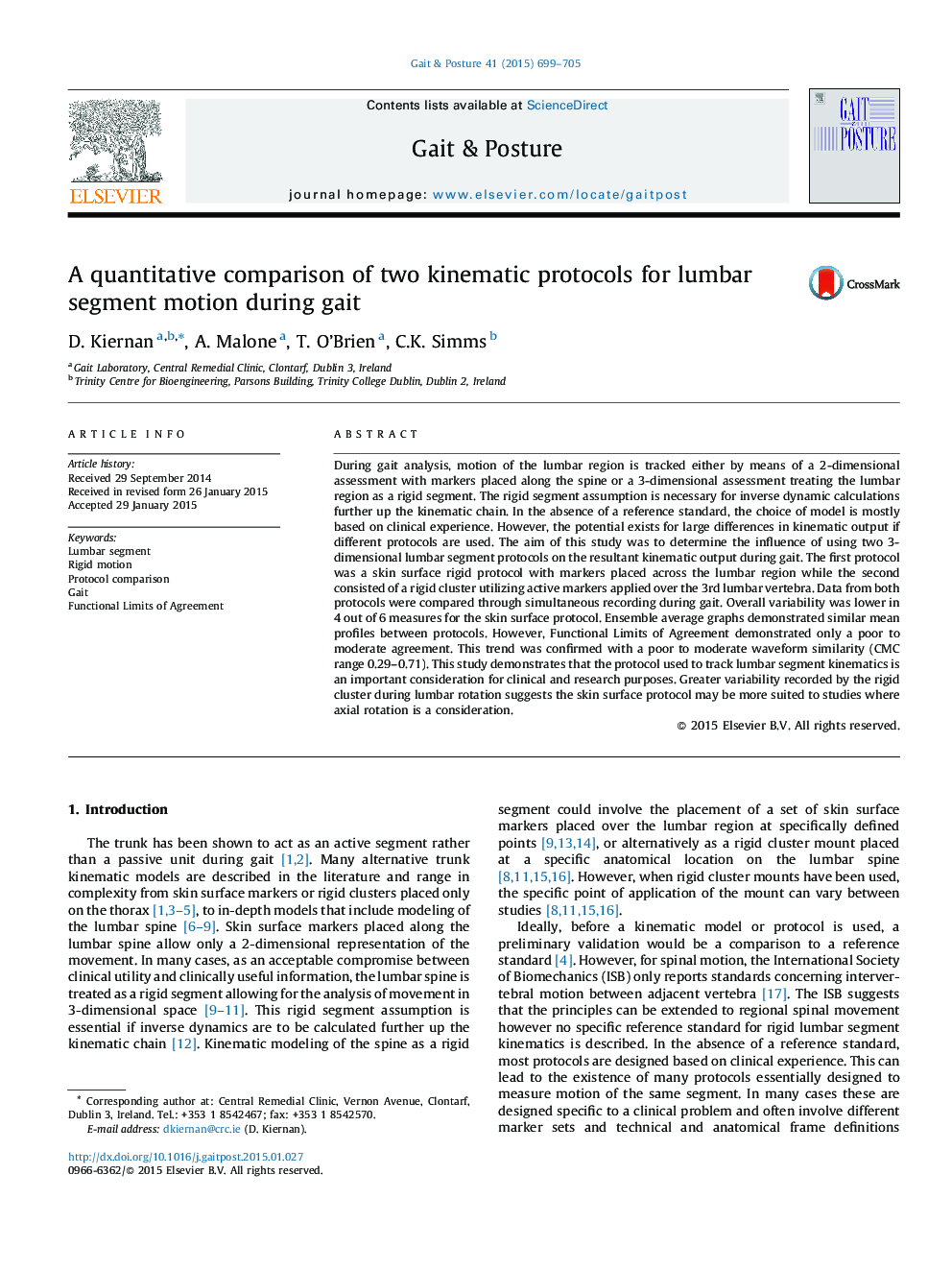 A quantitative comparison of two kinematic protocols for lumbar segment motion during gait