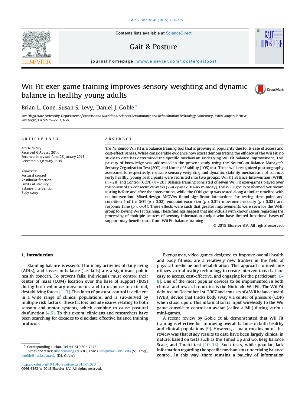 Wii Fit exer-game training improves sensory weighting and dynamic balance in healthy young adults