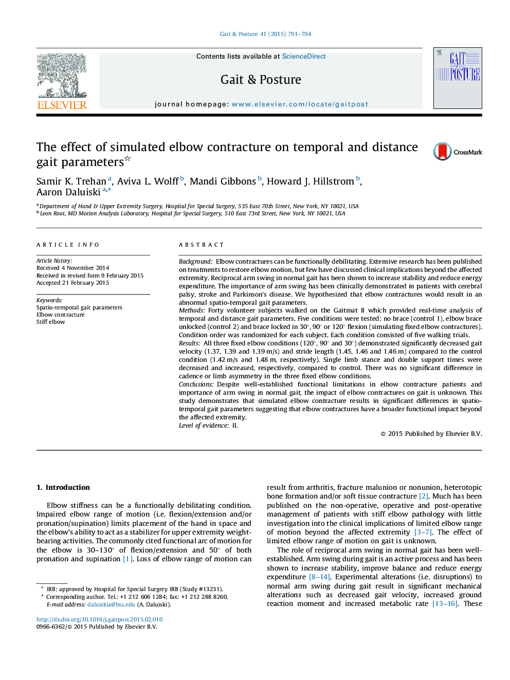 The effect of simulated elbow contracture on temporal and distance gait parameters