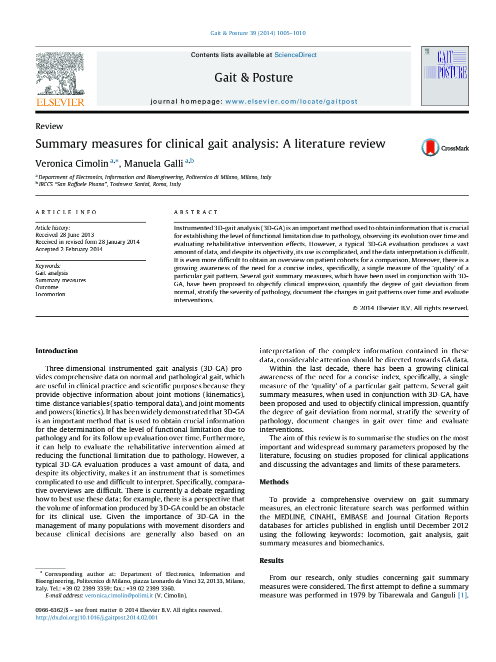 Summary measures for clinical gait analysis: A literature review