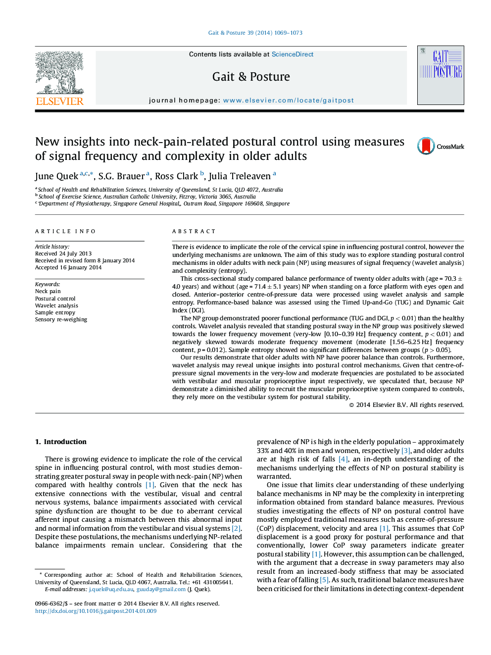 New insights into neck-pain-related postural control using measures of signal frequency and complexity in older adults