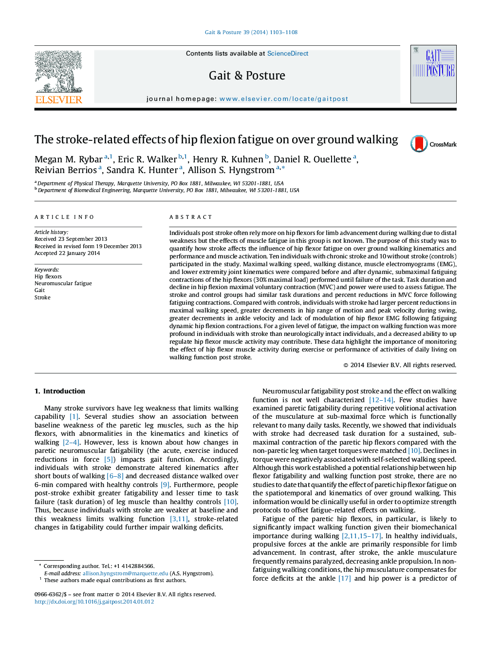 The stroke-related effects of hip flexion fatigue on over ground walking