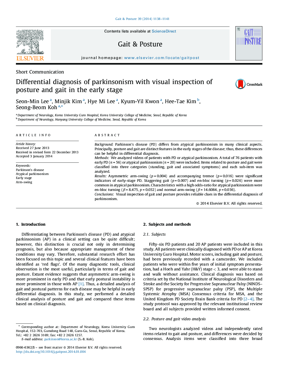 Differential diagnosis of parkinsonism with visual inspection of posture and gait in the early stage