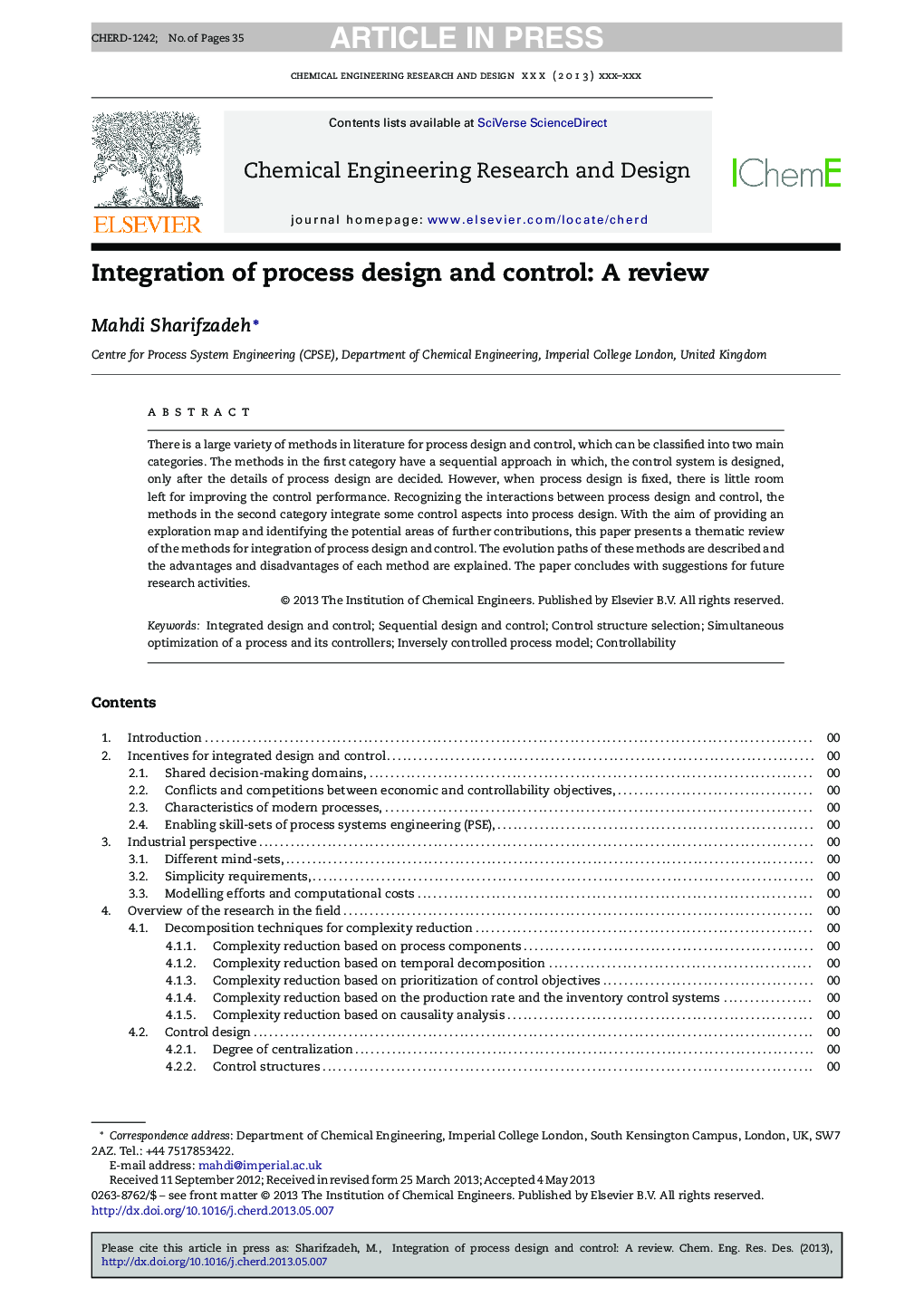 Integration of process design and control: A review