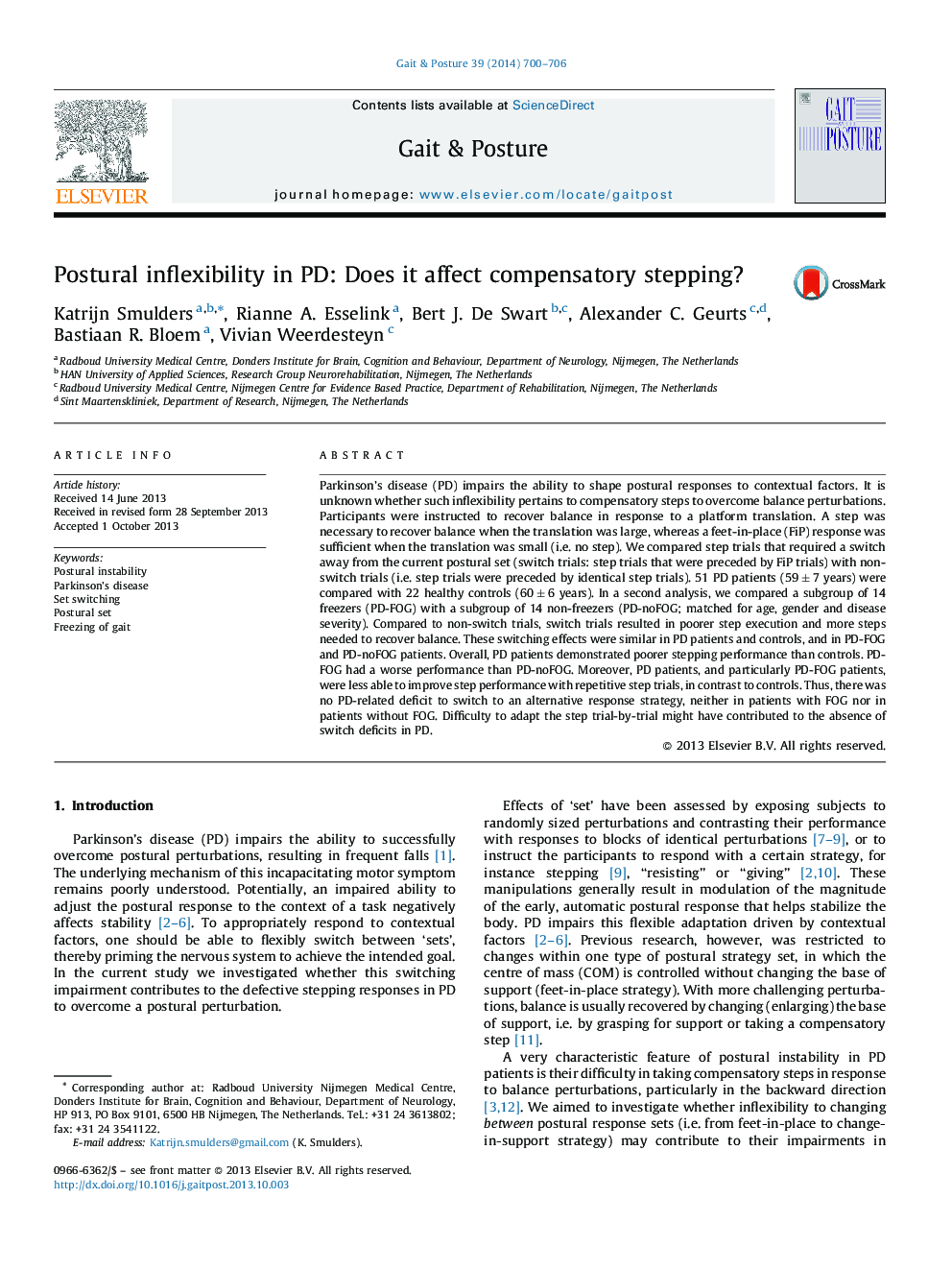 Postural inflexibility in PD: Does it affect compensatory stepping?