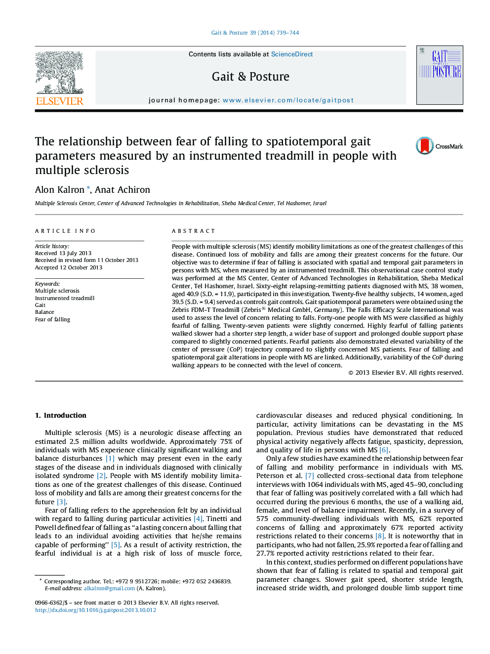 The relationship between fear of falling to spatiotemporal gait parameters measured by an instrumented treadmill in people with multiple sclerosis