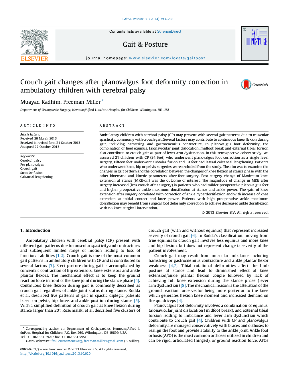 Crouch gait changes after planovalgus foot deformity correction in ambulatory children with cerebral palsy