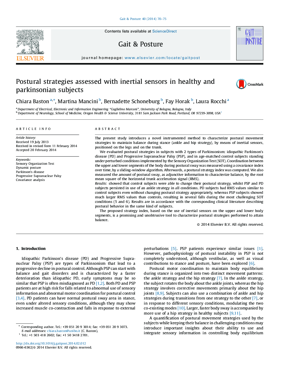 Postural strategies assessed with inertial sensors in healthy and parkinsonian subjects