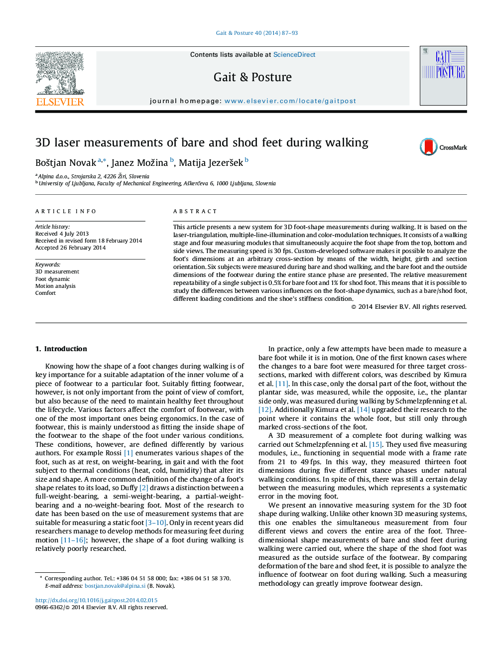 3D laser measurements of bare and shod feet during walking