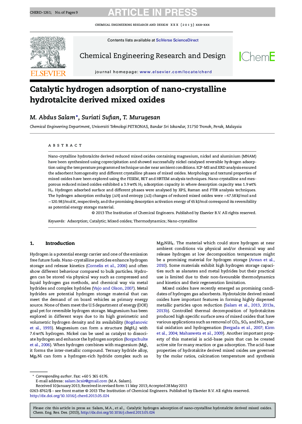 عکس صفحه اول مقاله: Catalytic hydrogen adsorption of nano-crystalline hydrotalcite derived mixed oxides Catalytic hydrogen adsorption of nano-crystalline hydrotalcite derived mixed oxides