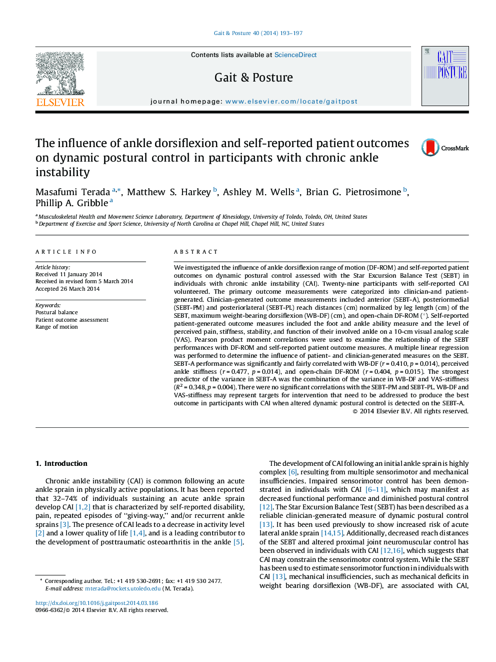 The influence of ankle dorsiflexion and self-reported patient outcomes on dynamic postural control in participants with chronic ankle instability