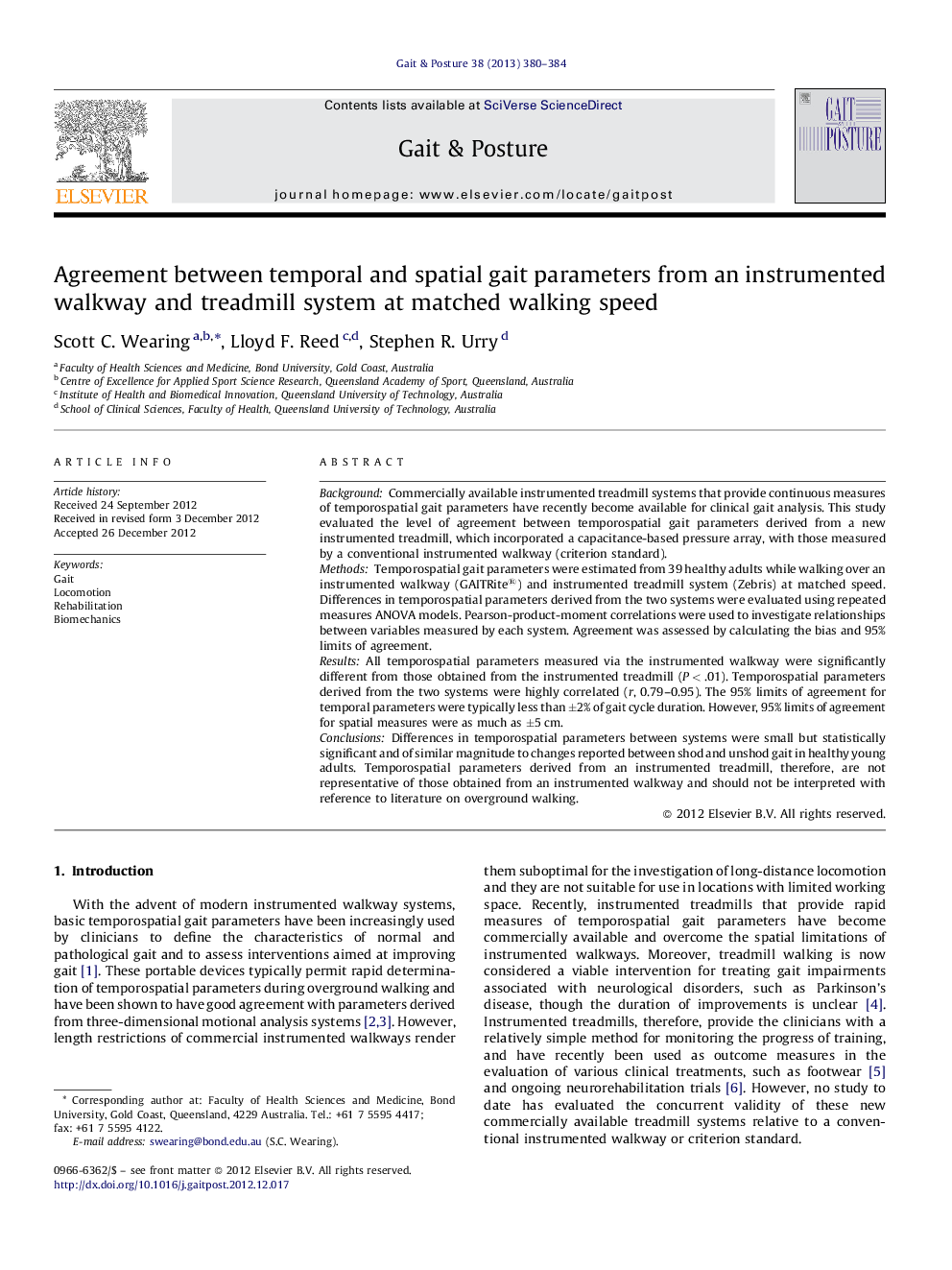 Agreement between temporal and spatial gait parameters from an instrumented walkway and treadmill system at matched walking speed