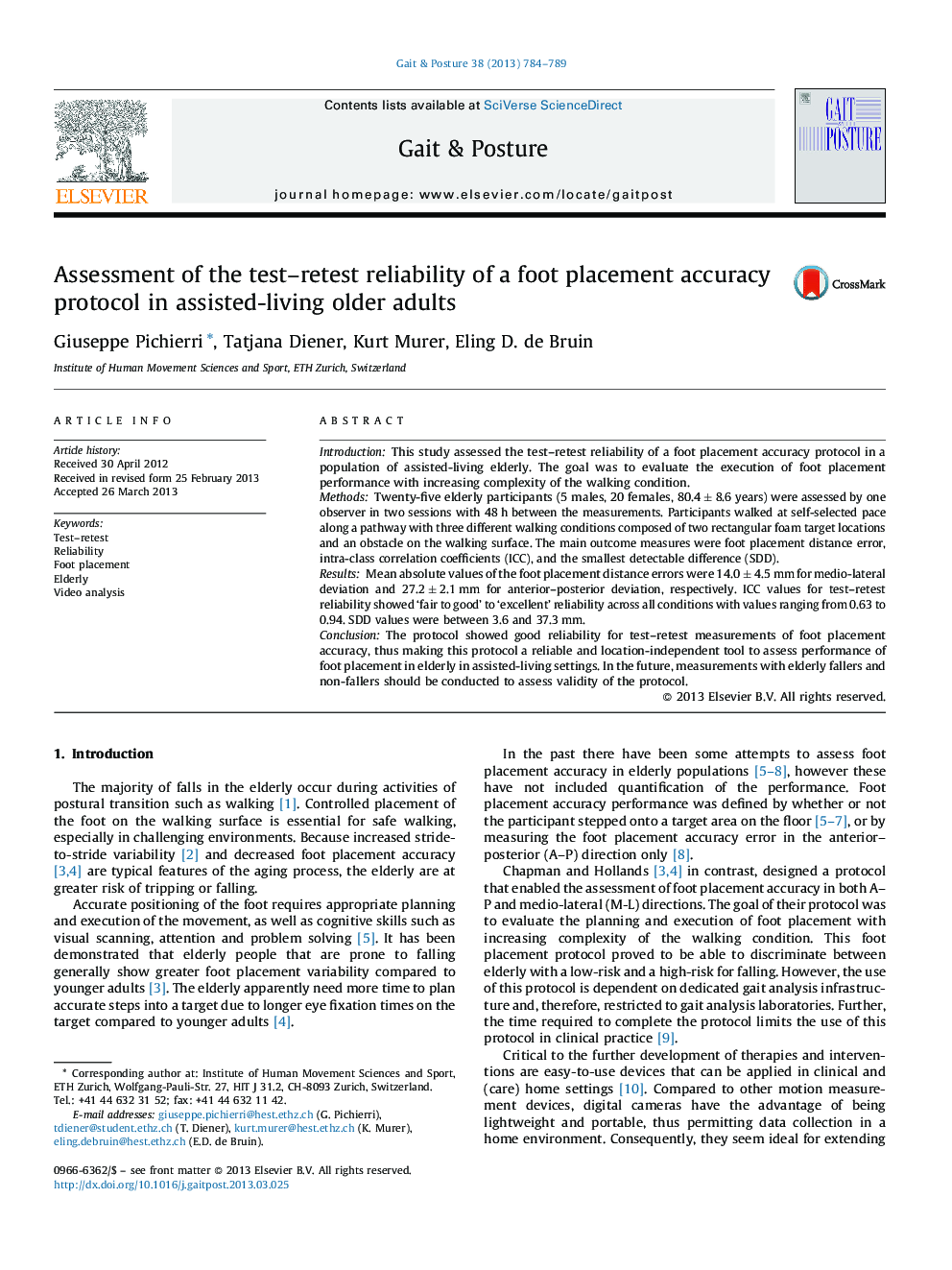 Assessment of the test-retest reliability of a foot placement accuracy protocol in assisted-living older adults