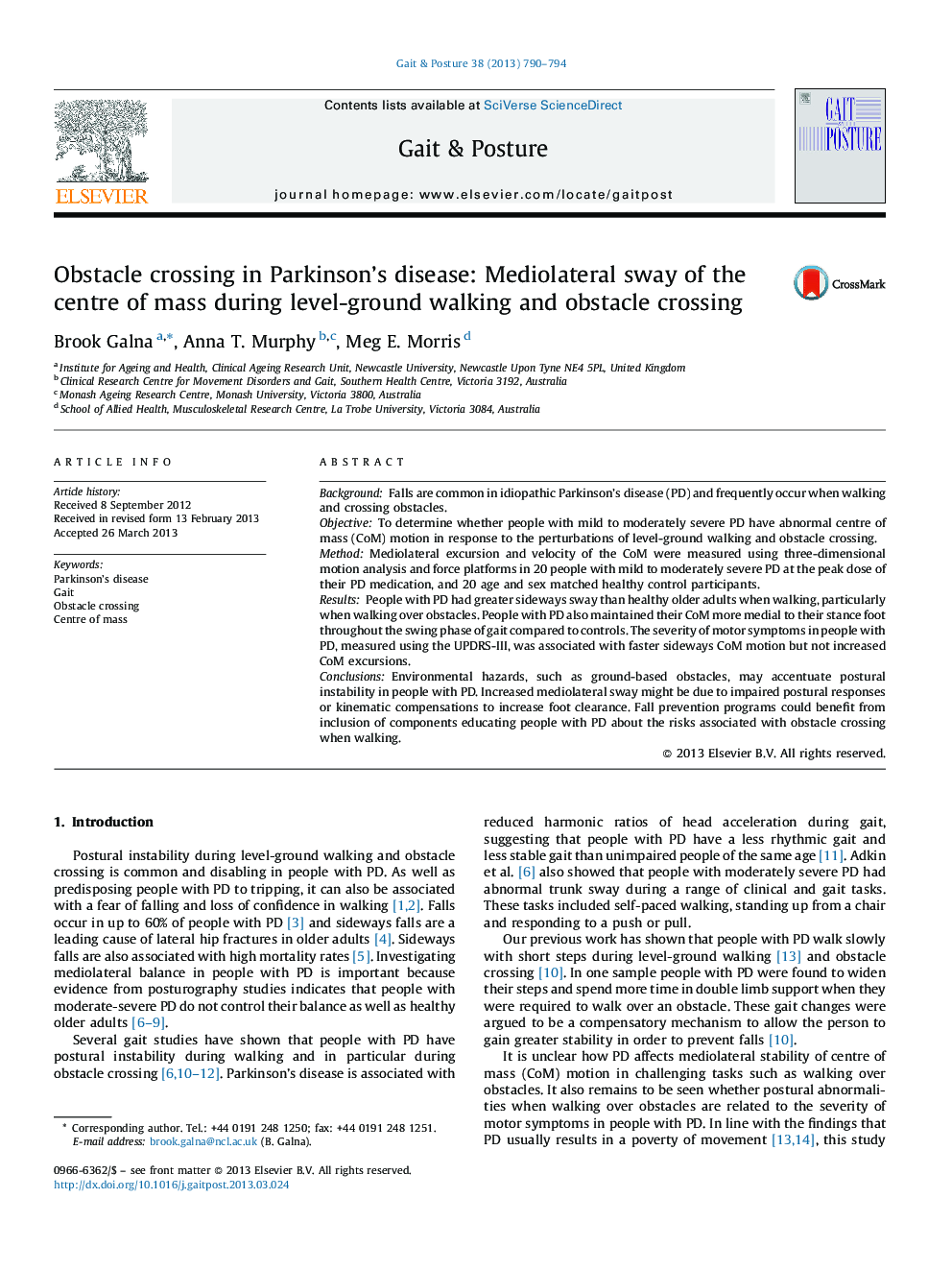 Obstacle crossing in Parkinson's disease: Mediolateral sway of the centre of mass during level-ground walking and obstacle crossing