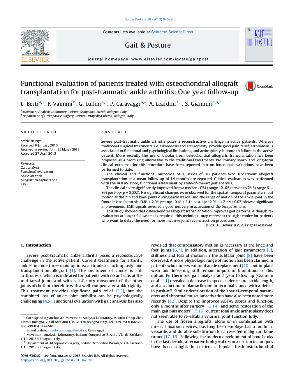 Functional evaluation of patients treated with osteochondral allograft transplantation for post-traumatic ankle arthritis: One year follow-up