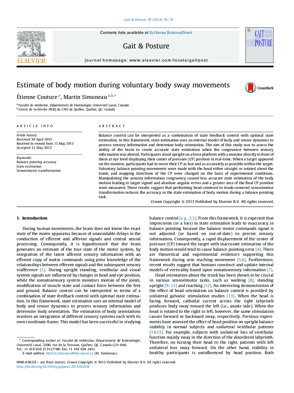 Estimate of body motion during voluntary body sway movements